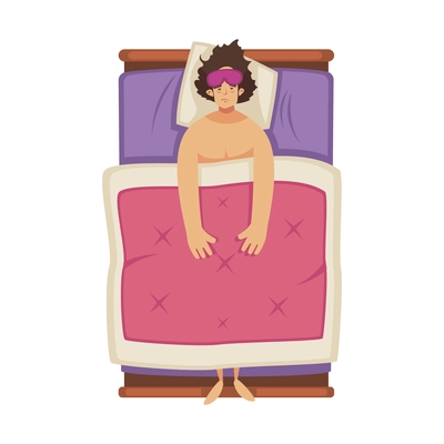 Sleep time composition with top view of sleepless man lying in bed with mask flat isolated vector illustration