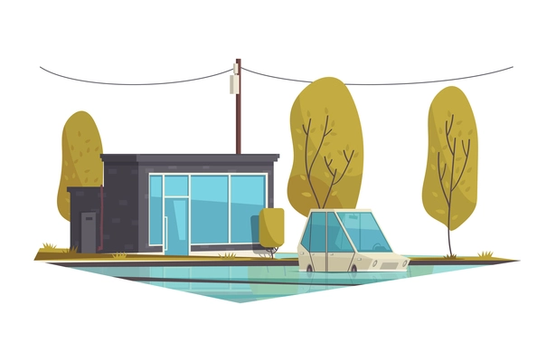 House design composition with outdoor scenery with trees and image of living house facade flat isolated vector illustration