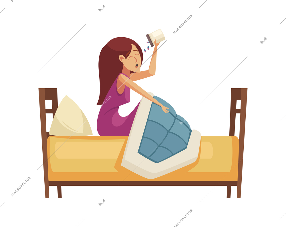 Sleep time composition with female character eating sleeping pills sitting on bed flat isolated vector illustration