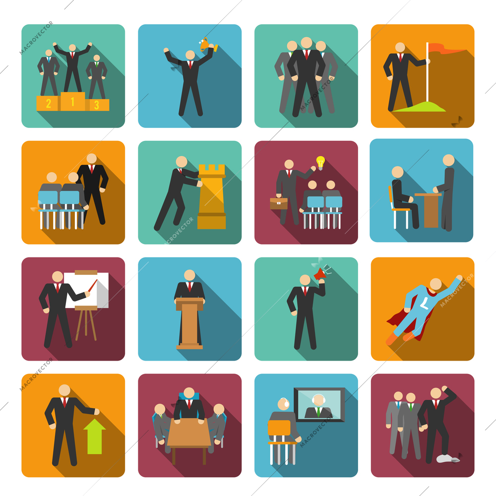 Leadership flat icons set with discourse idea leader negotiations isolated vector illustration