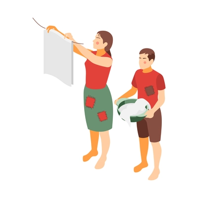 Social inequality and poor people problem isometric composition with poor family member characters hanging out the wash vector illustration