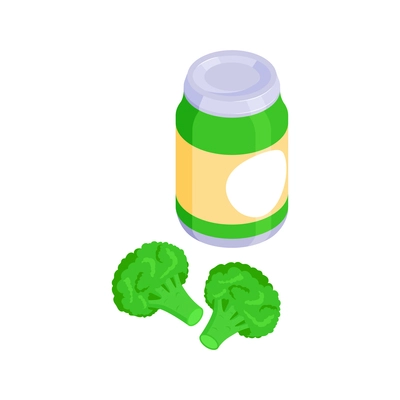 Isometric baby food composition with isolated bottle of lettuce syrup with slices of broccoli vector illustration