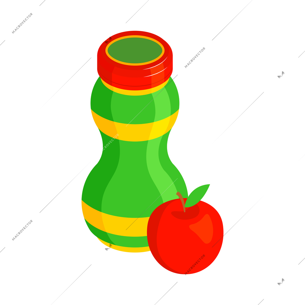 Isometric baby food composition with isolated image of apple and plastic bottle of apple sauce vector illustration