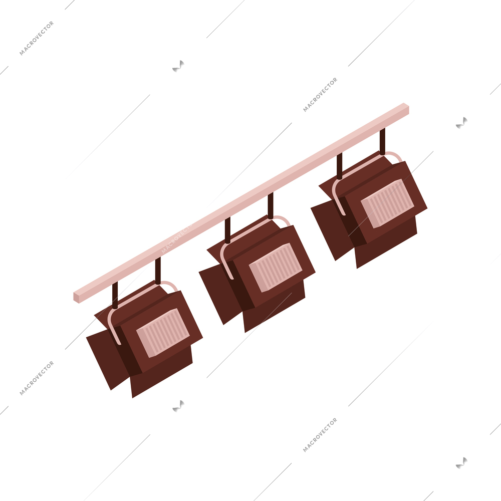 Isometric talent show tv program composition with row of spot lights hanging on rail vector illustration