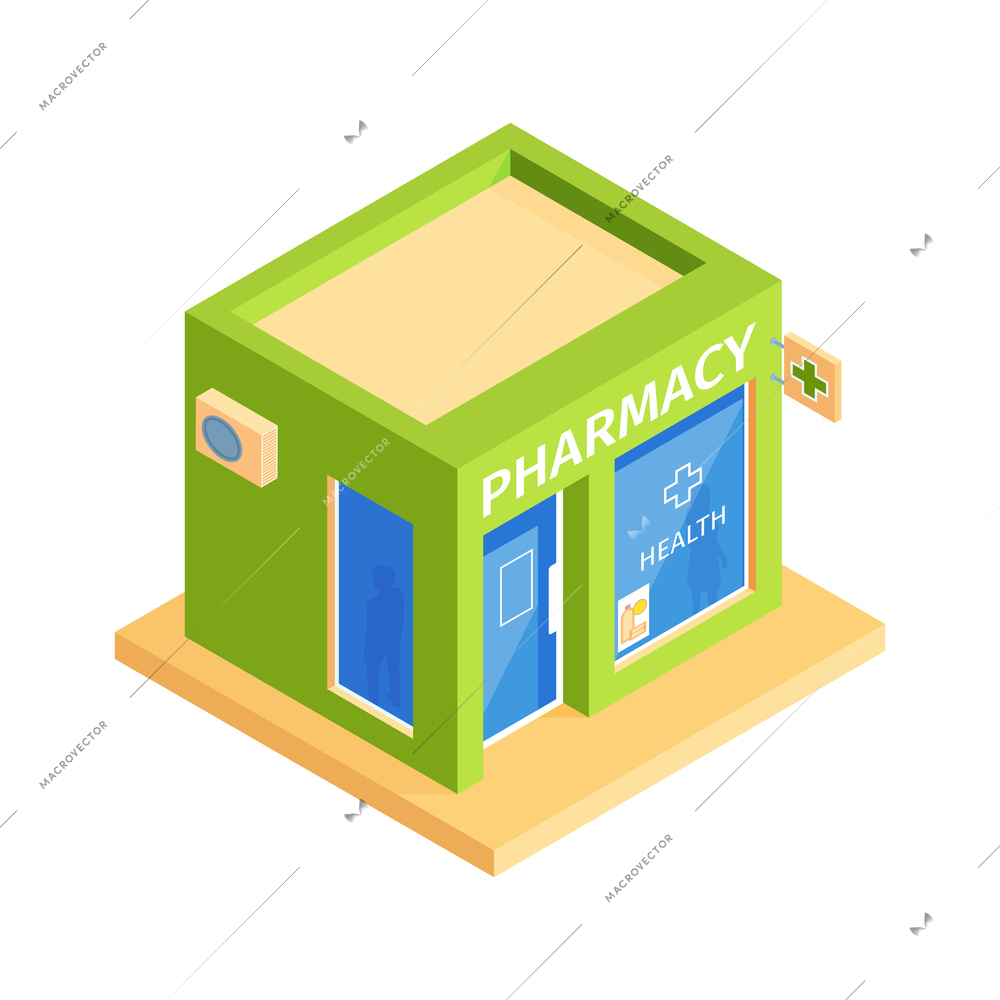 Isometric shops composition with isolated image of pharmacy building on blank background vector illustration