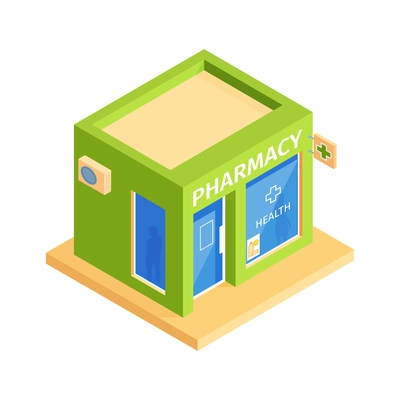 Isometric shops composition with isolated image of pharmacy building on blank background vector illustration