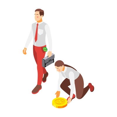 Social inequality and poor people problem isometric composition with walking rich man and poor woman carrying coin vector illustration