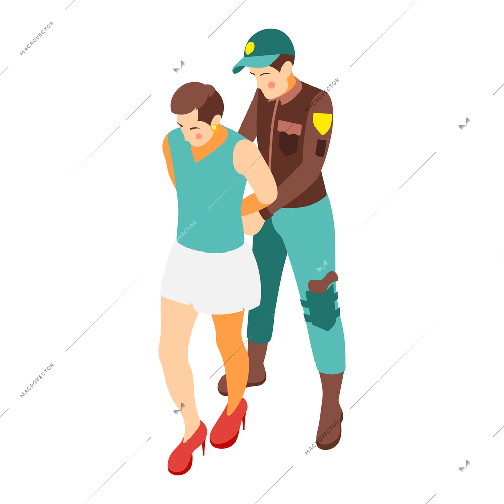 Social inequality and poor people problem isometric composition with police officer arresting prostitute woman vector illustration