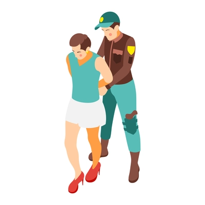 Social inequality and poor people problem isometric composition with police officer arresting prostitute woman vector illustration