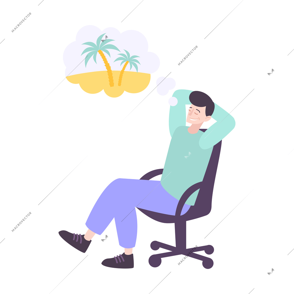 Dream flat composition with male character sitting in chair dreaming of tropical vacation vector illustration
