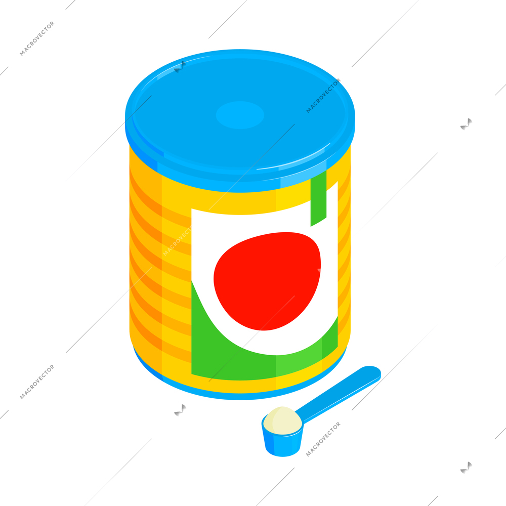 Isometric baby food composition with isolated cylinder shaped can of powder for infants vector illustration