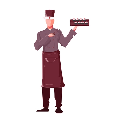Sushi people composition with male character of waiter holding sushi tray vector illustration
