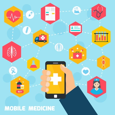 Mobile health concept with human hand holding smartphone and medicine icons connected vector illustration