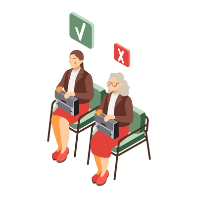 Social inequality and poor people problem isometric composition with characters of young and old women vector illustration