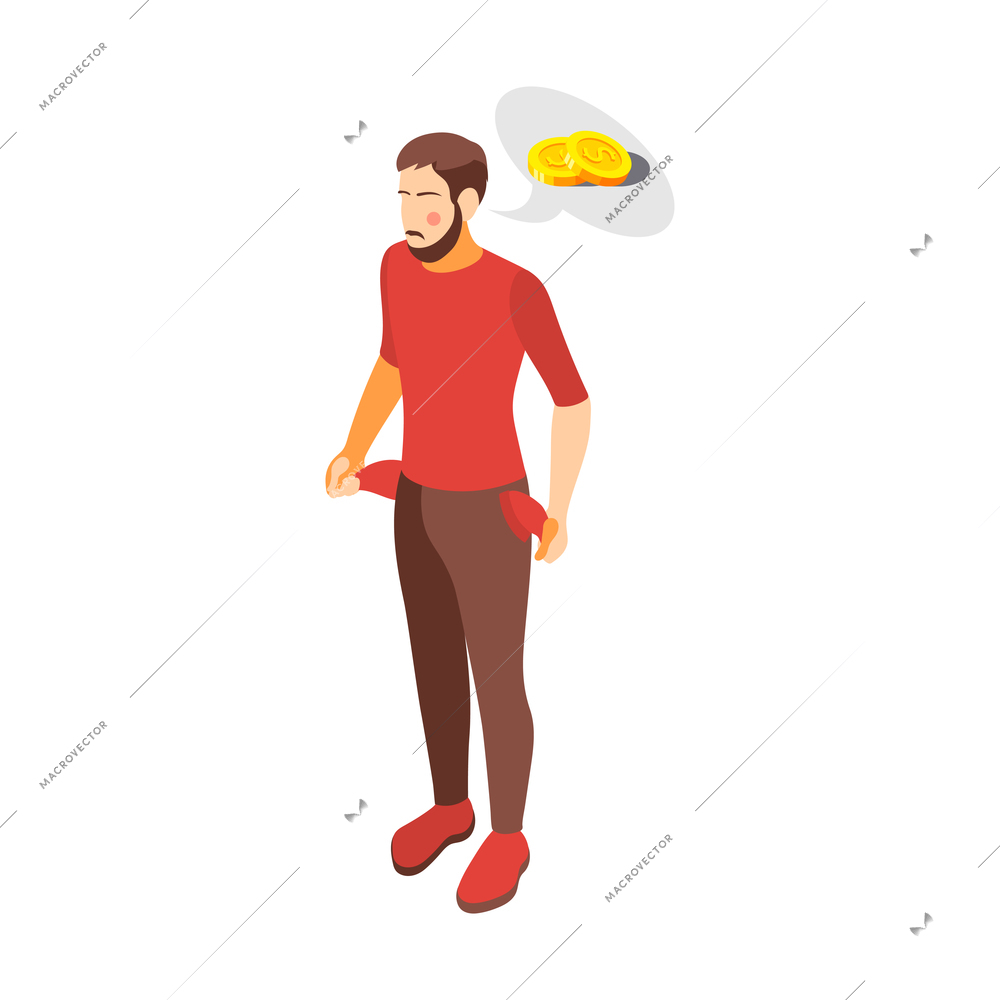 Social inequality and poor people problem isometric composition with male character showing his empty pockets vector illustration