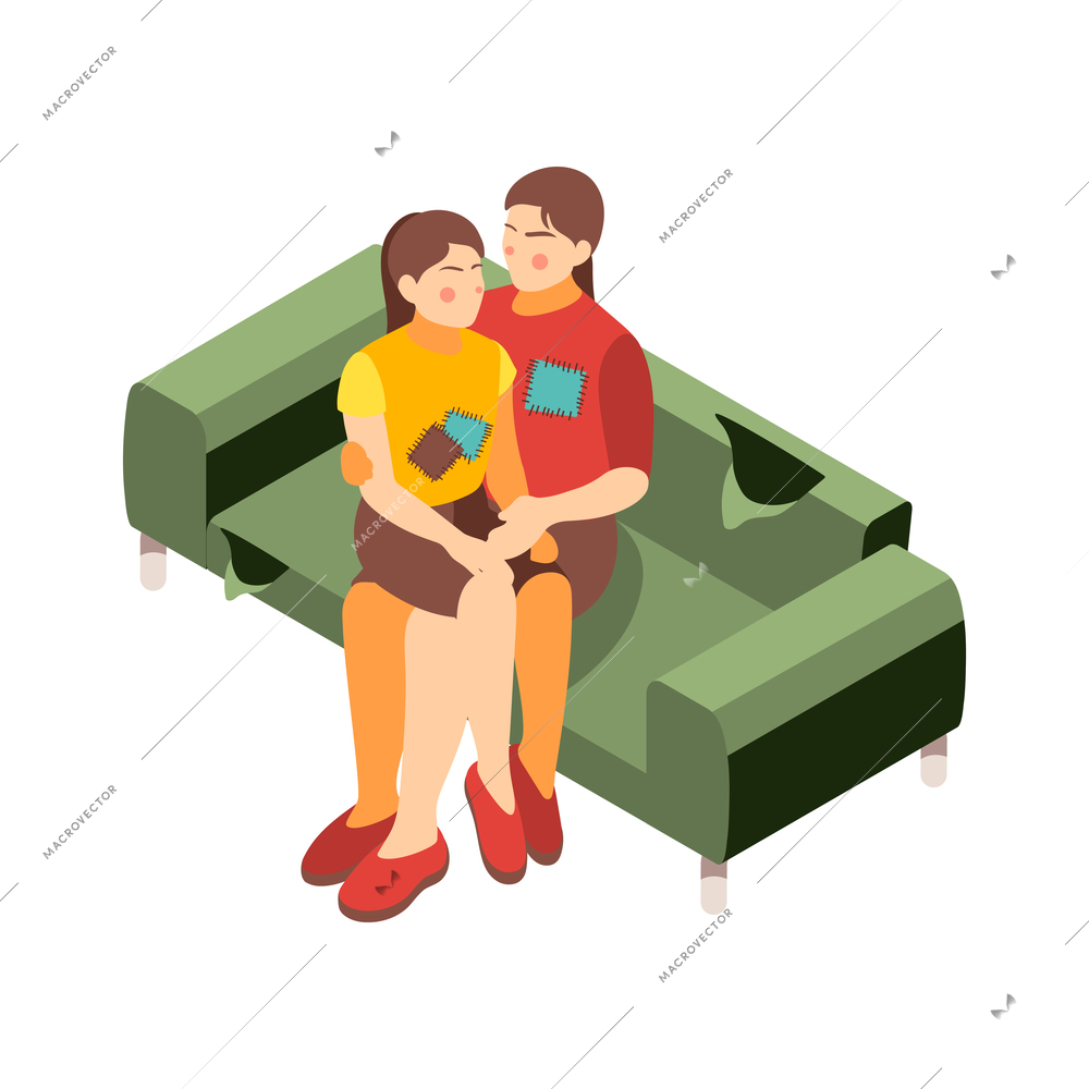 Social inequality and poor people problem isometric composition with mother and daughter in mended clothes sitting on mangy sofa vector illustration