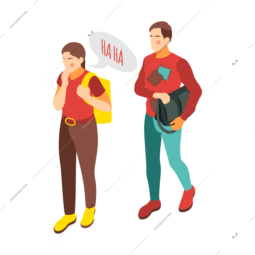 Social inequality and poor people problem isometric composition with girl laughing at boy in mended jacket vector illustration