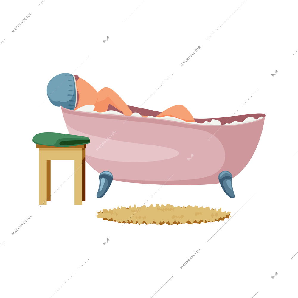 Woman daily routine flat composition with character of girl having a bath with foam vector illustration