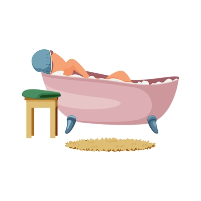 Woman daily routine flat composition with character of girl having a bath with foam vector illustration