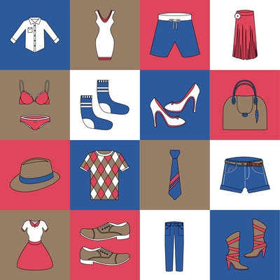 Male and female fashion clothes lingerie and boots flat line icons set isolated vector illustration