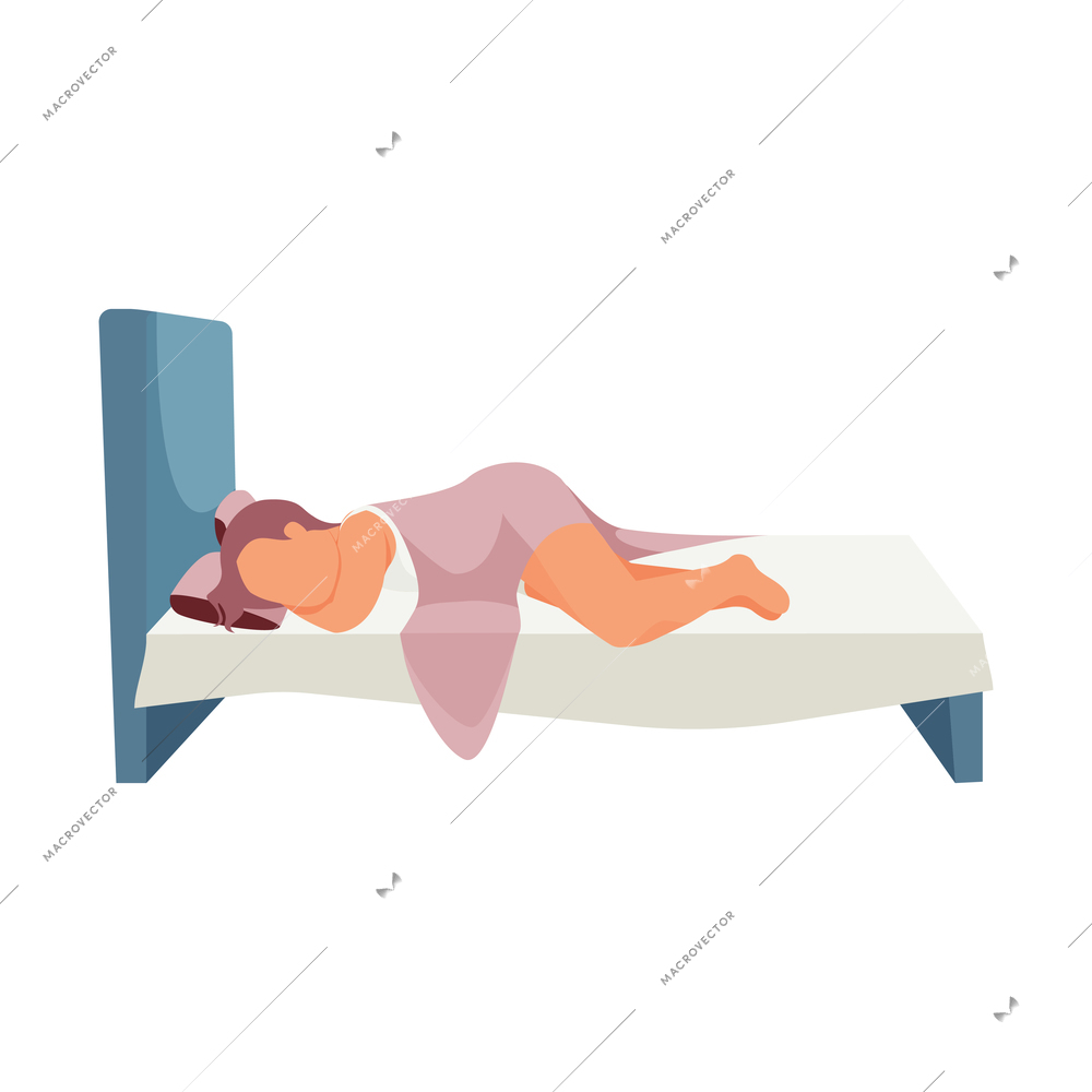 Woman daily routine flat composition with human character of girl sleeping in her bed vector illustration