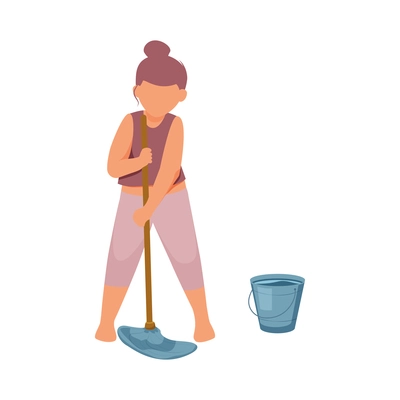 Woman daily routine flat composition with female character holding mop with water bucket vector illustration