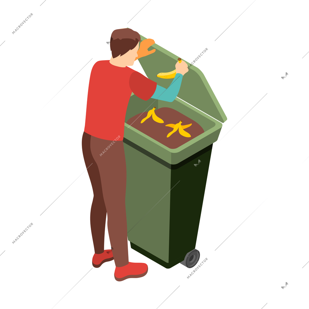 Social inequality and poor people problem isometric composition with poor person opening lid of garbage container vector illustration