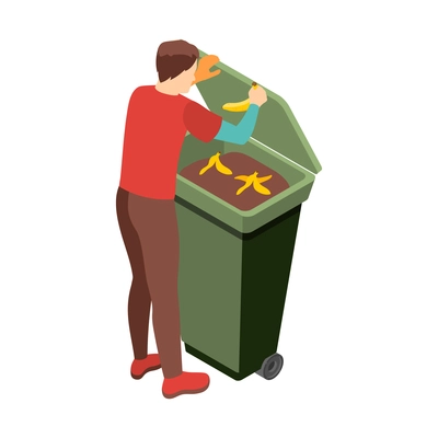 Social inequality and poor people problem isometric composition with poor person opening lid of garbage container vector illustration