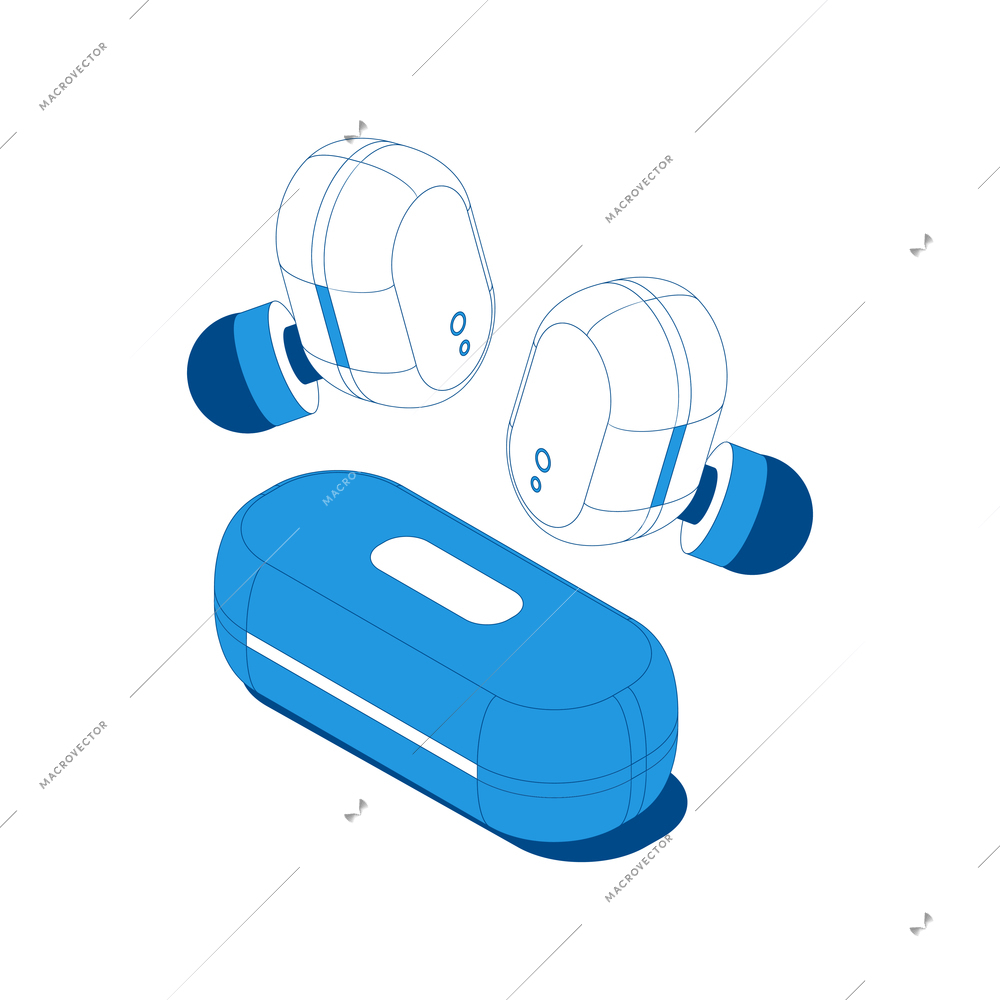 Home sport isometric composition with isolated images of wireless earphones with charging box vector illustration