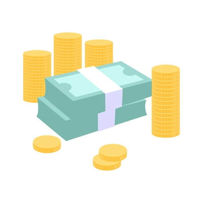 Dream flat composition with images of coin stacks and money banknotes vector illustration