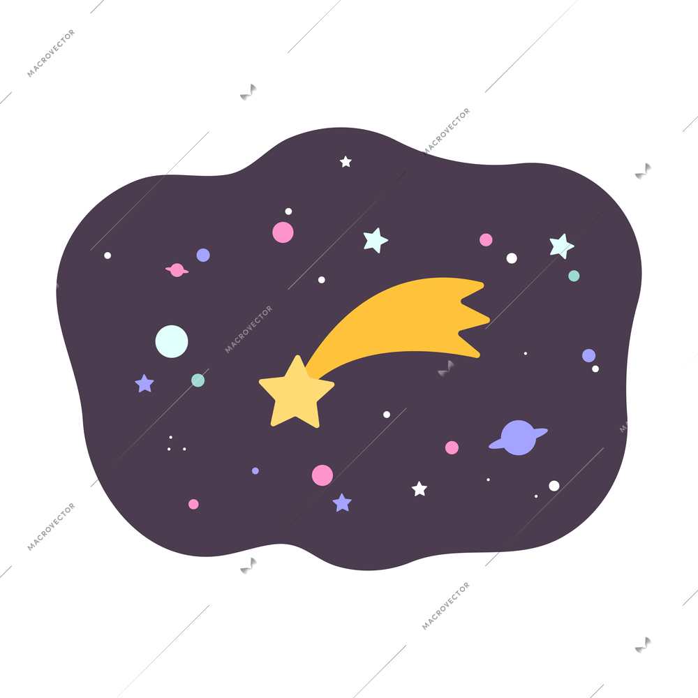 Dream flat composition with cloud shaped piece of starry sky with fallen star vector illustration