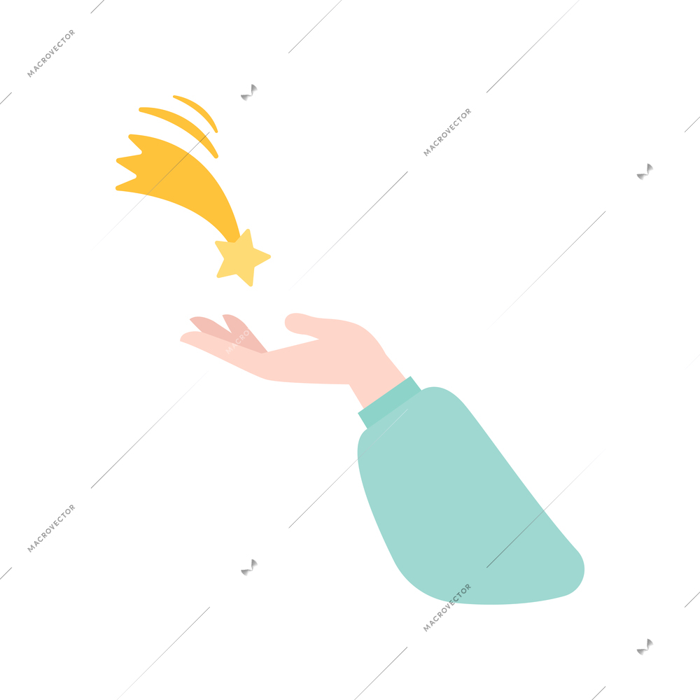 Dream flat composition with image of star falling into human hand vector illustration