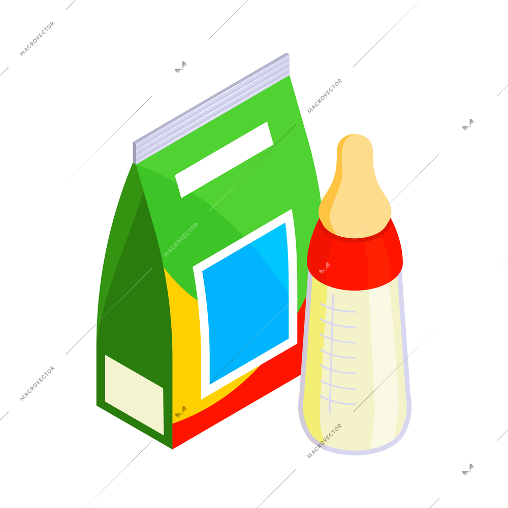 Isometric baby food composition with isolated powder formula pack and bottle with dummy vector illustration