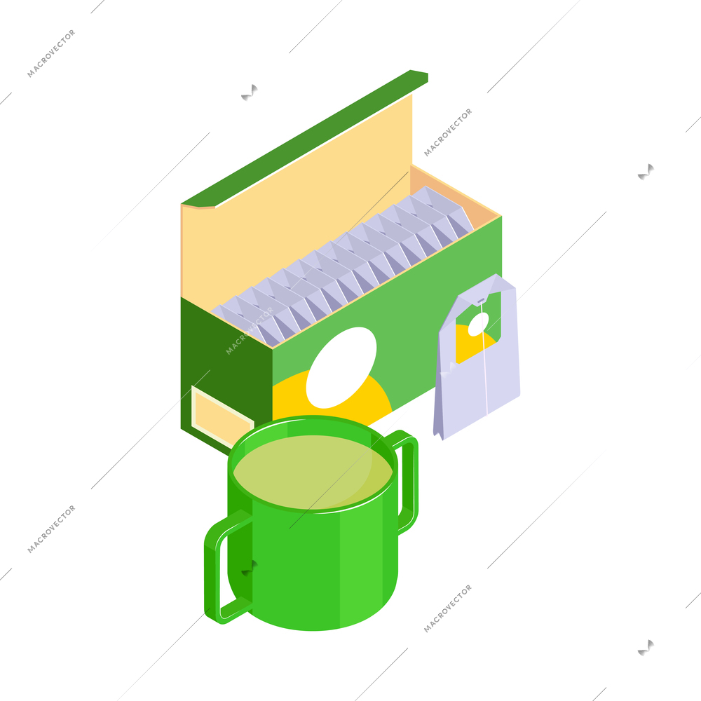 Isometric baby food composition with isolated cup of tea and pack of teabags vector illustration