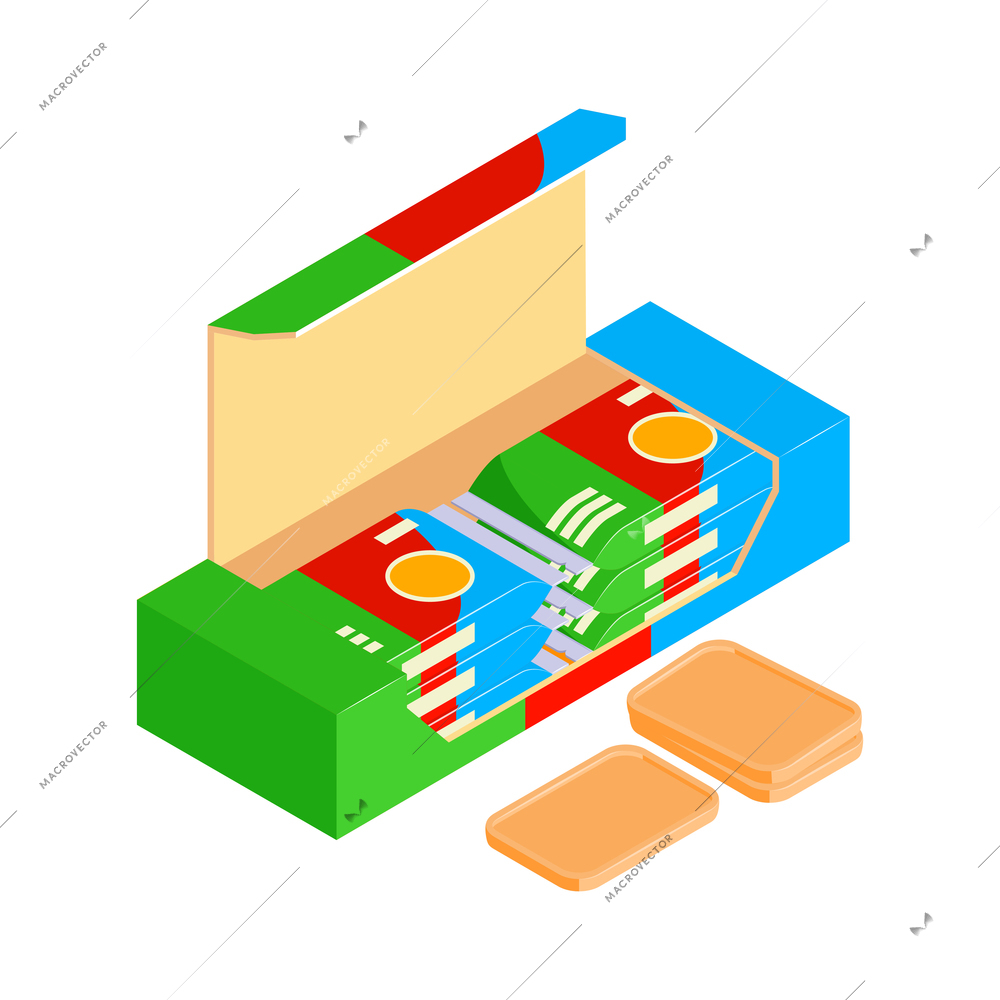 Isometric baby food composition with isolated carton pack of cookies for infants vector illustration