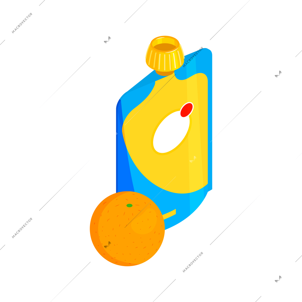 Isometric baby food composition with isolated image of flexible pack with orange sauce and fruit vector illustration