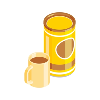Isometric baby food composition with isolated images of cylinder pack and cup with coffee vector illustration