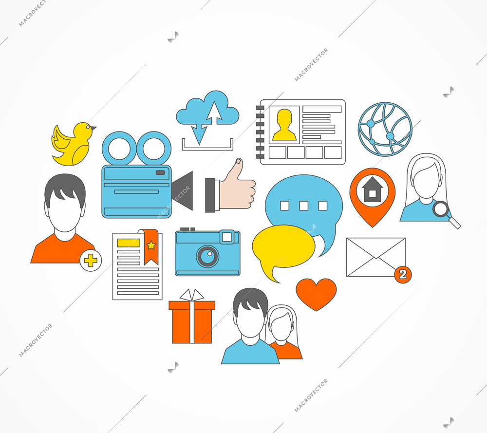 Social network media flat set icons with personal page cloud service bookmark vector illustration