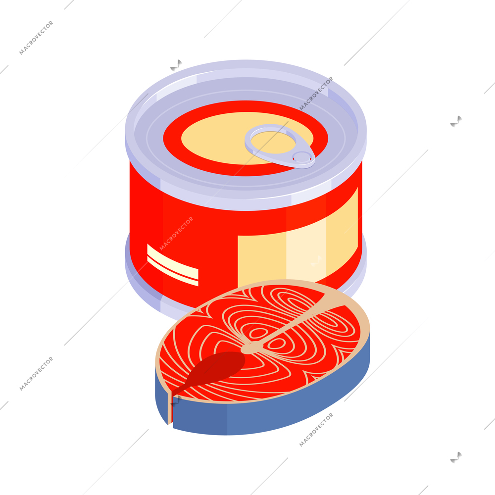 Isometric baby food composition with isolated image of fish can with slice of salmon vector illustration