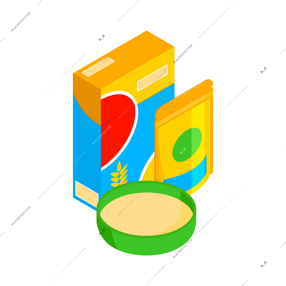 Isometric baby food composition with isolated porridge packs with dish on blank background vector illustration