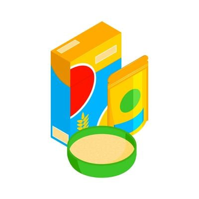 Isometric baby food composition with isolated porridge packs with dish on blank background vector illustration