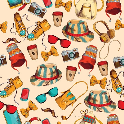 Hipster pack sketch coloder seamless pattern with retro fashion trendy  accesoories vector illustration