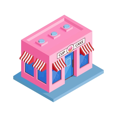 Isometric shops composition with isolated image of confectionery store building on blank background vector illustration