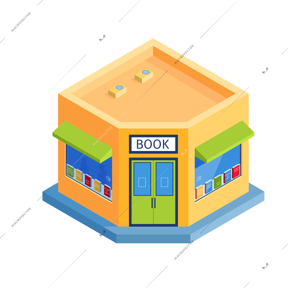 Isometric shops composition with isolated image of book store building on blank background vector illustration