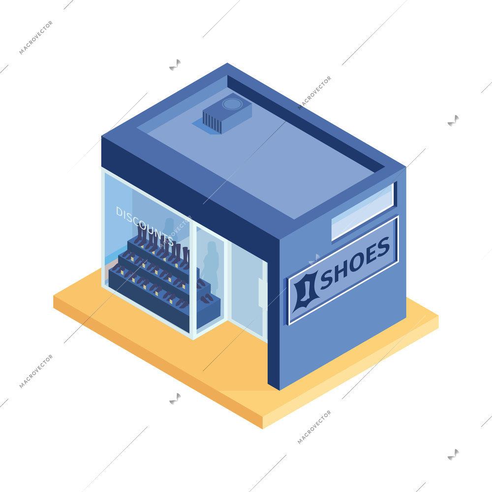 Isometric shops composition with isolated image of fashion shoe store building on blank background vector illustration