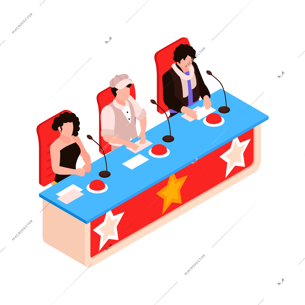 Isometric talent show tv program composition with characters of three star judges sitting at table with buttons and microphones vector illustration