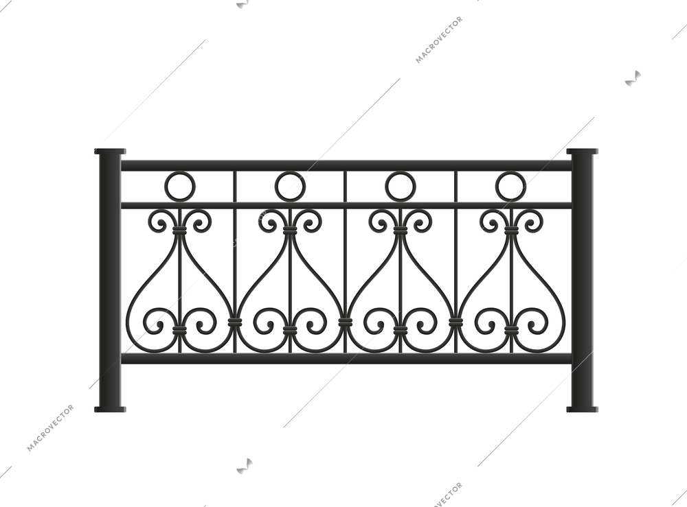 Balcony fence railing composition with realistic front view image of decorative forged style fence isolated vector illustration