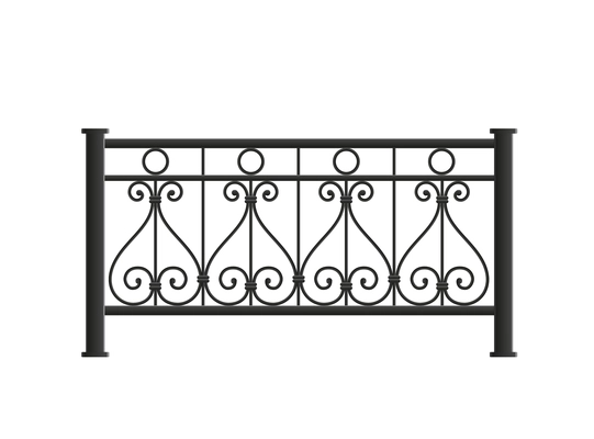 Balcony fence railing composition with realistic front view image of decorative forged style fence isolated vector illustration