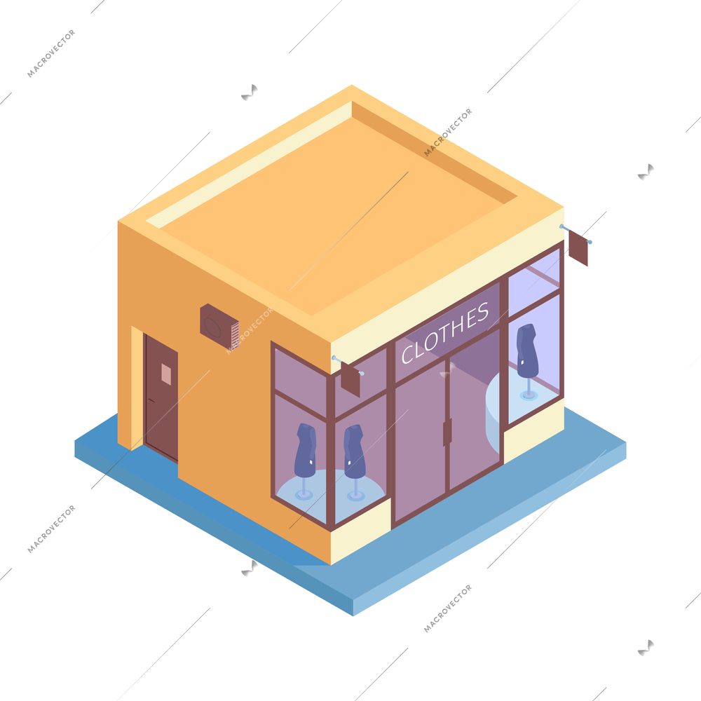 Isometric shops composition with isolated image of fashion clothes store building on blank background vector illustration