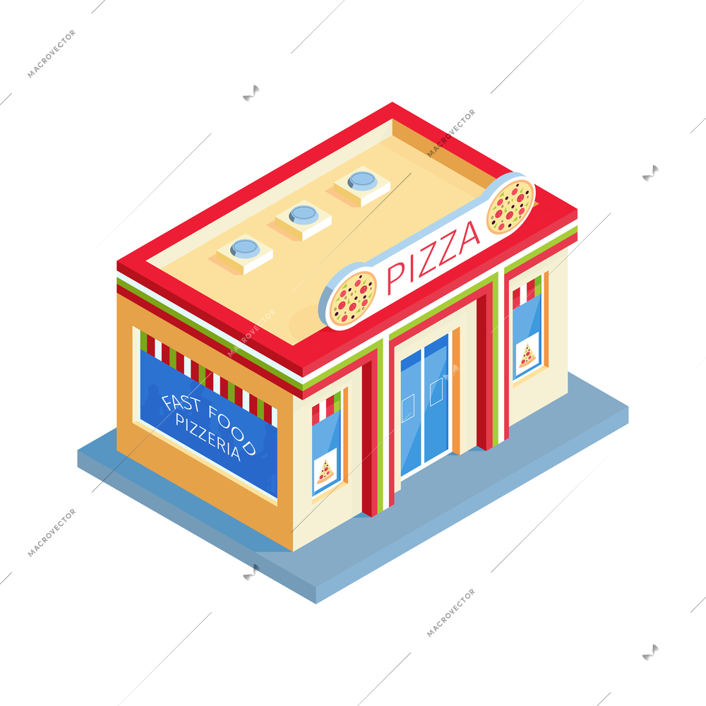 Isometric shops composition with isolated image of pizzeria building on blank background vector illustration